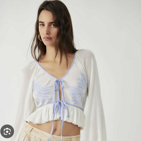 Free People Tops - Free People White Crochet Tie-Front Crop Top with Light Blue Embroidery